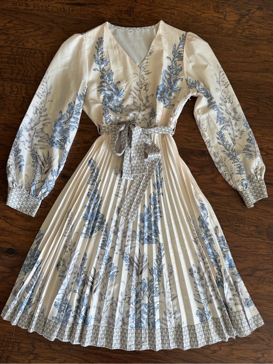 Dresses & Skirts - Ivory Floral Pleated Wrap Dress with Blue Print